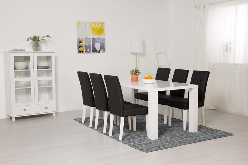 SALA Matbord 180 Vit + 6 VIKTOR Stol Svart Konstläder - Matgrupp & matbord med stolar