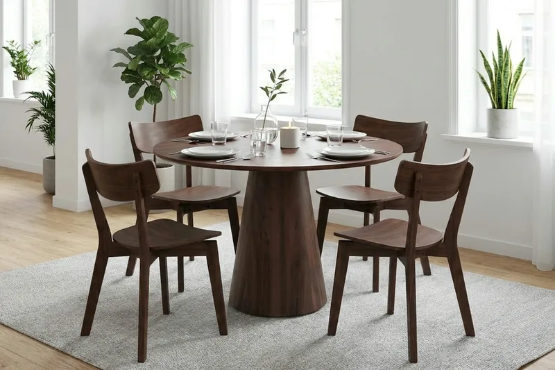 Siena Matgrupp 110 cm runt i Valnöt med 4 Amelia Matstolar - Valnöt - Möbler - Matplats - Matgrupp & matbord med stolar