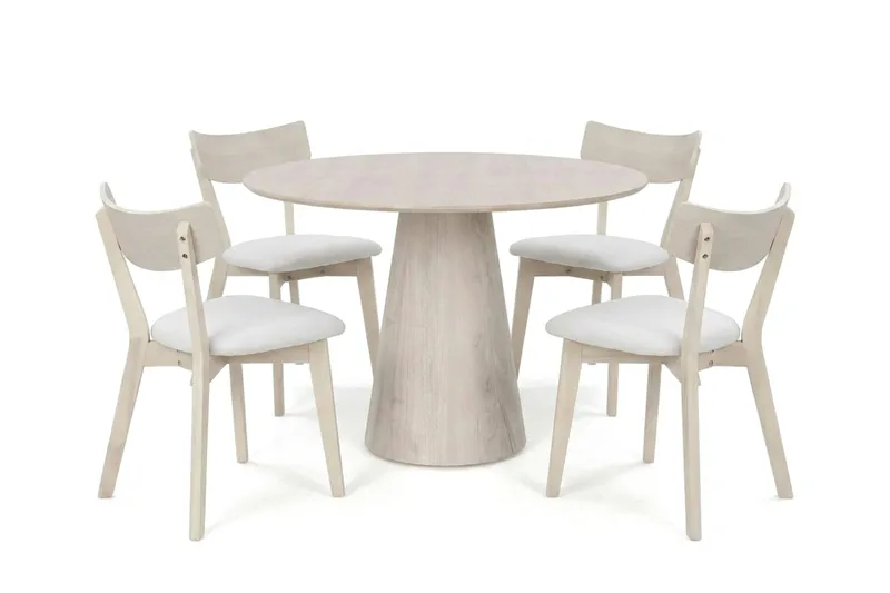 Siena Matgrupp 110 cm runt Vitlaserad med 4 Amelia Matstolar med Dyna, Vitlaserad/Beige