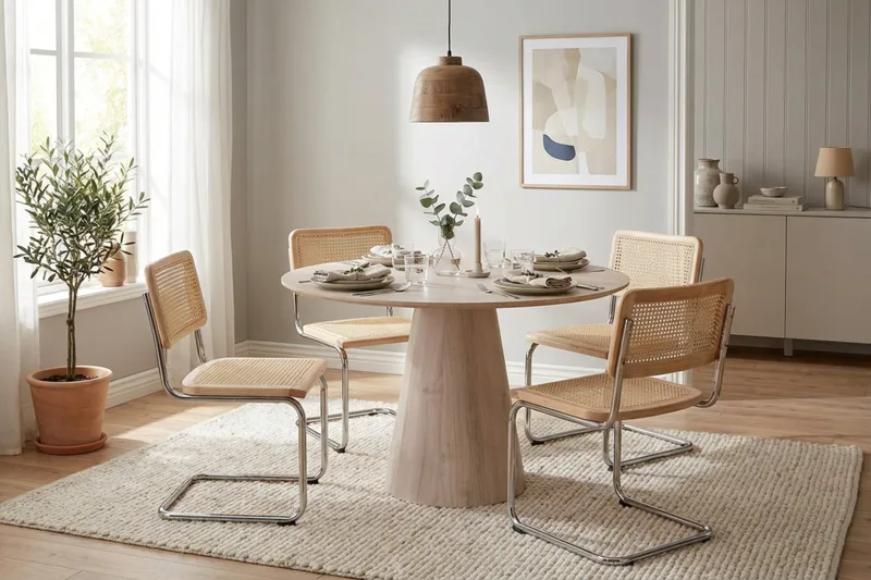 Siena Matgrupp runt 110 cm Vitlaserad med 4 Build Matstolar - Vitlaserad/Natur/krom - Möbler - Matplats - Matgrupp & matbord med stolar