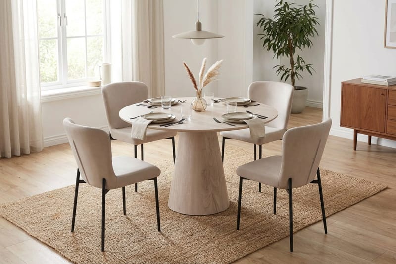 Siena Matgrupp runt 110 cm Vitlaserad med 4 Elsie Matstolar - Vitlaserad/Beige - Möbler - Matplats - Matgrupp & matbord med stolar