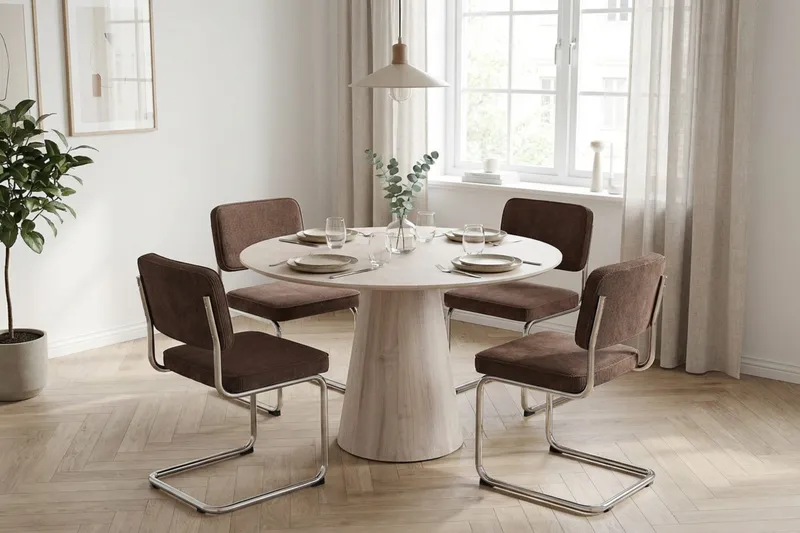 Siena Matgrupp runt 110 cm Vitlaserad med 4 Milva Matstolar - Vitlaserad/Brun/krom - Möbler - Matplats - Matgrupp & matbord med stolar