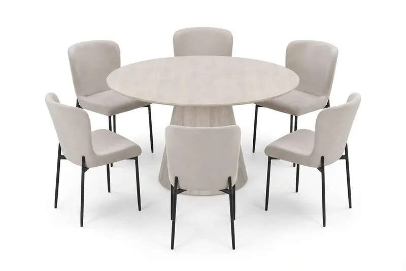 Siena Matgrupp runt 130 cm Vitlaserad med 6 Elsie Matstolar, Vitlaserad/Beige