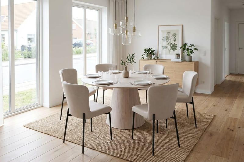 Siena Matgrupp runt 130 cm Vitlaserad med 6 Elsie Matstolar - Vitlaserad/Beige - Möbler - Matplats - Matgrupp & matbord med stolar