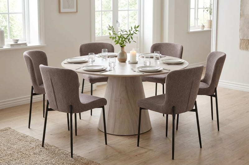 Siena Matgrupp runt 130 cm Vitlaserad med 6 Elsie Matstolar - Vitlaserad/Grå - Möbler - Matplats - Matgrupp & matbord med stolar