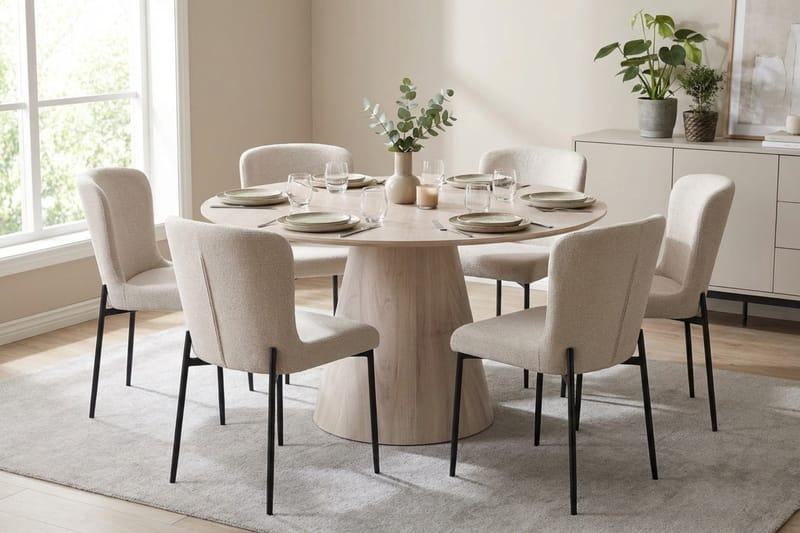 Siena Matgrupp runt 130 cm Vitlaserad med 6 Elsie Matstolar - Vitlaserad/Vit - Möbler - Matplats - Matgrupp & matbord med stolar
