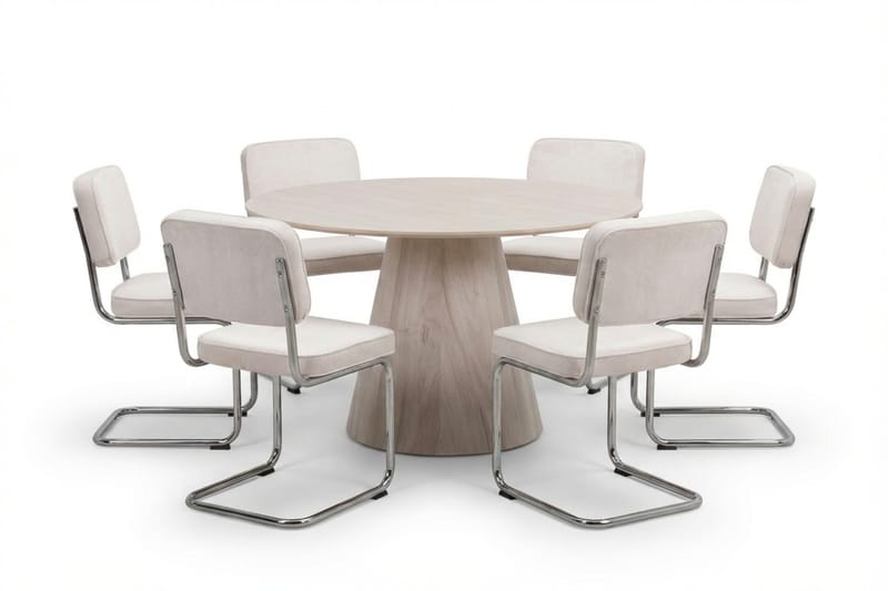 Siena Matgrupp runt 130 cm Vitlaserad med 6 Milva Matstolar, Vitlaserad/Beige/krom