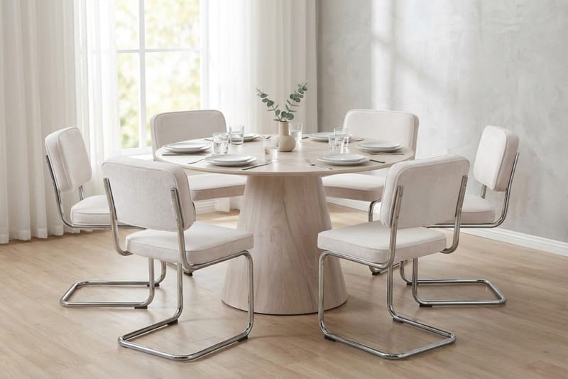 Siena Matgrupp runt 130 cm Vitlaserad med 6 Milva Matstolar - Vitlaserad/Beige/krom - Möbler - Matplats - Matgrupp & matbord med stolar