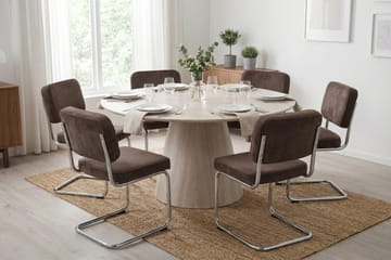Siena Matgrupp runt 130 cm Vitlaserad med 6 Milva Matstolar - Vitlaserad/Brun/krom - Möbler - Matplats - Matgrupp & matbord med stolar