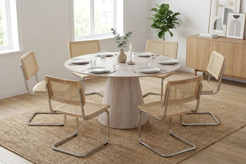 Siena Matgrupp runt 150 cm Vitlaserad med 6 Build Matstolar - Vitlaserad/Natur/krom - Möbler - Matplats - Matgrupp & matbord med stolar