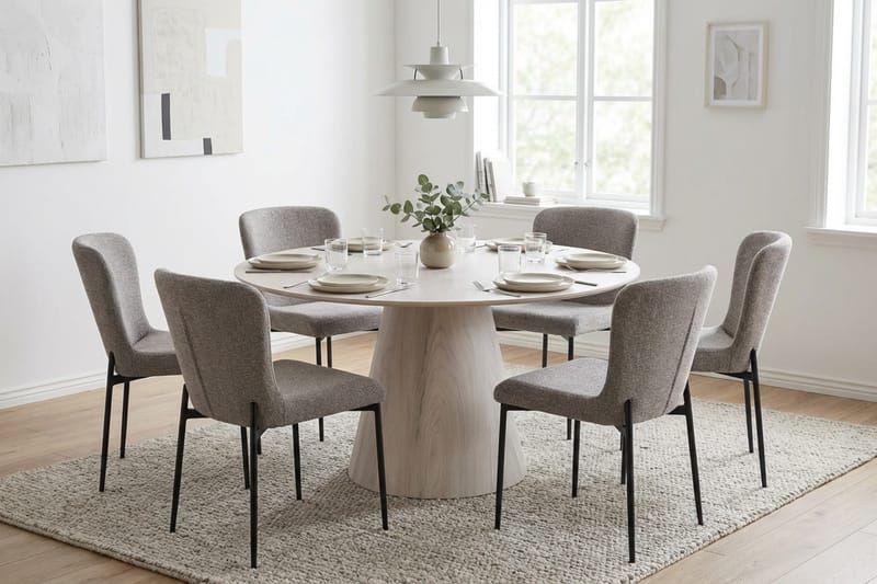 Siena Matgrupp runt 150 cm Vitlaserad med 6 Elsie Matstolar - Vitlaserad/Ljusgrå - Möbler - Matplats - Matgrupp & matbord med stolar