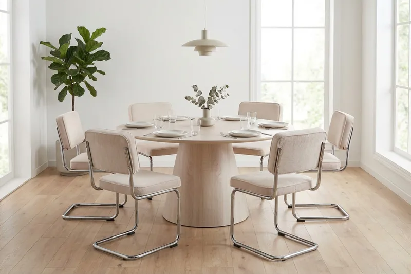 Siena Matgrupp runt 150 cm Vitlaserad med 6 Milva Matstolar - Vitlaserad/Beige/krom - Möbler - Matplats - Matgrupp & matbord med stolar