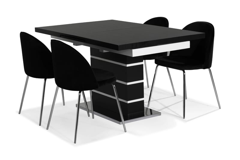 SUNNE Matbord Svart/Vit +  4 SANDRO Stol Sammet Svart/Krom - Matgrupp & matbord med stolar