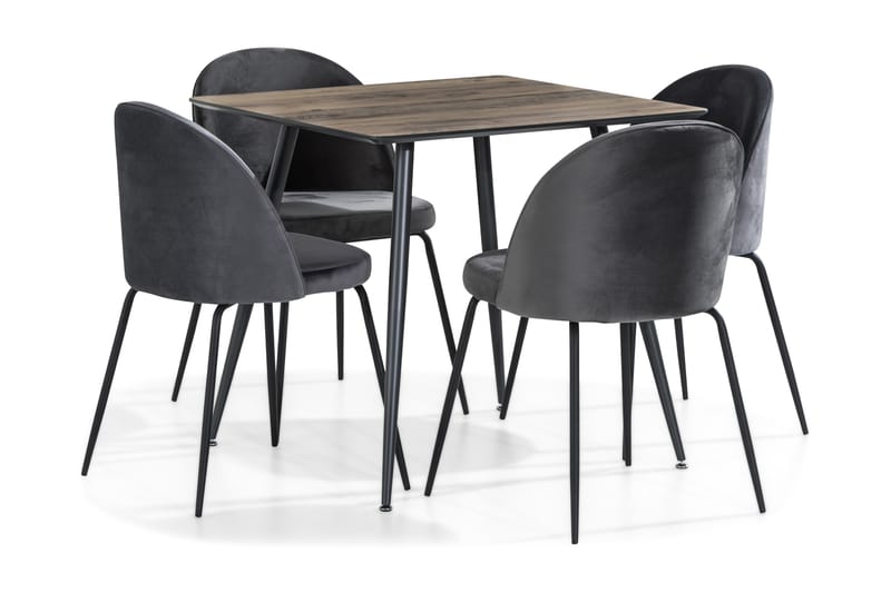 SWEETPO Bord 80 Brun + 4 SANDRO Stol Svart/Grå Sammet - Matgrupp & matbord med stolar
