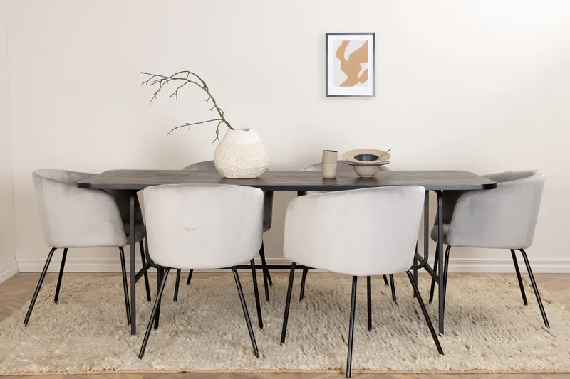 Unos Matgrupp 200 cm inkl 6 Berita Sammetsstolar - Svart/Grå - Möbler - Matplats - Matgrupp & matbord med stolar
