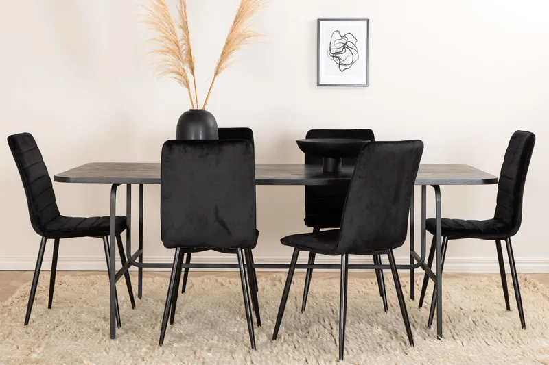 Unos Matgrupp 200 cm inkl 6 Robin Sammetsstolar - Svart - Möbler - Matplats - Matgrupp & matbord med stolar