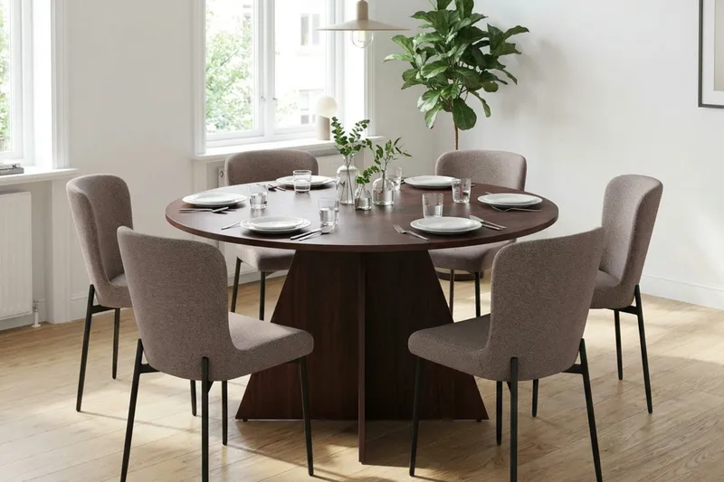 Vera Matgrupp runt 130 cm Valnöt med 6 Elsie Matstolar - Valnöt/Grå - Möbler - Matplats - Matgrupp & matbord med stolar