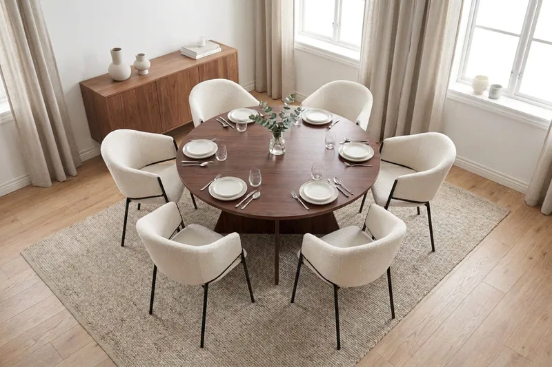 Vera Matgrupp runt 130 cm Valnöt med 6 Filip Matstolar - Valnöt - Möbler - Matplats - Matgrupp & matbord med stolar