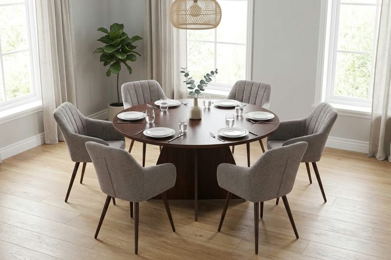 Vera Matgrupp runt 130 cm Valnöt med 6 Filippa Matstolar - Valnöt - Möbler - Matplats - Matgrupp & matbord med stolar