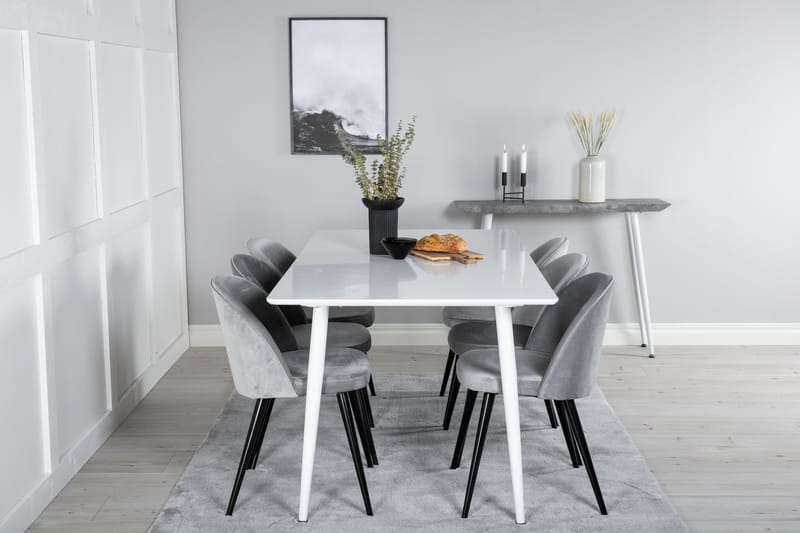 Ypas Matgrupp 180 cm inkl 6 Valeri Stolar - Vit/Sammet/Ljusgrå/Svart - Möbler - Matplats - Matgrupp & matbord med stolar