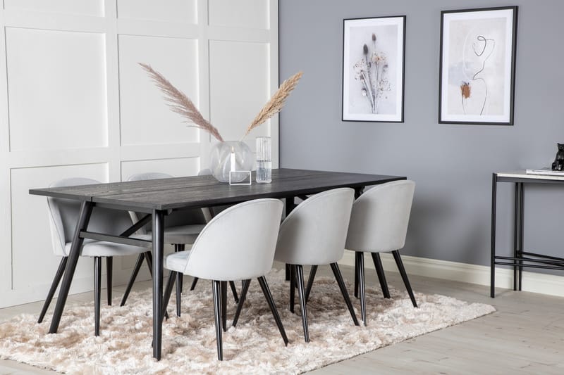 Zenazmi Matgrupp 195 cm inkl 6 Valeri Manchesterstolar - Svart/Grå - Möbler - Matplats - Matgrupp & matbord med stolar