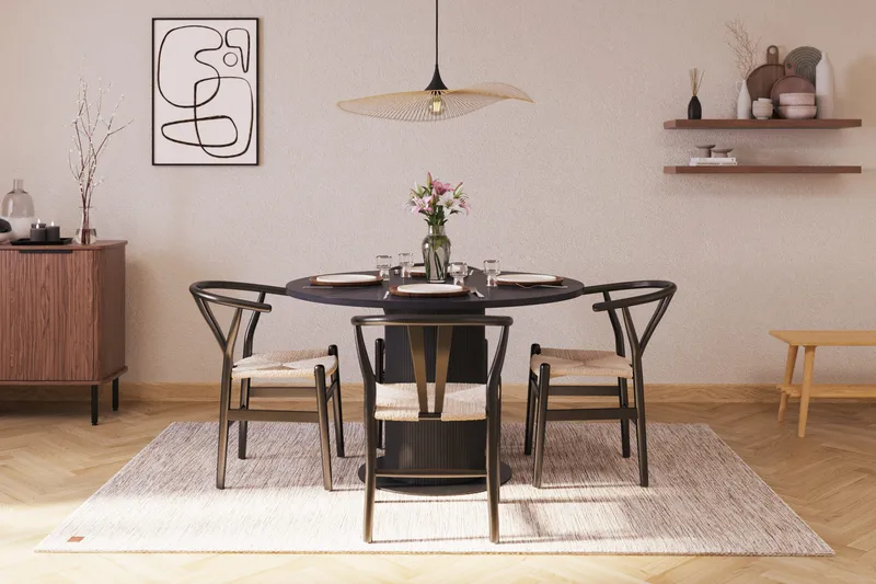 Noira Matgrupp 120 cm Massiv Ek Rund med 4 Dastoori Matstol - 2220067-4,2206128-1 - Svart - Möbler - Matplats - Matgrupp & matbord med stolar