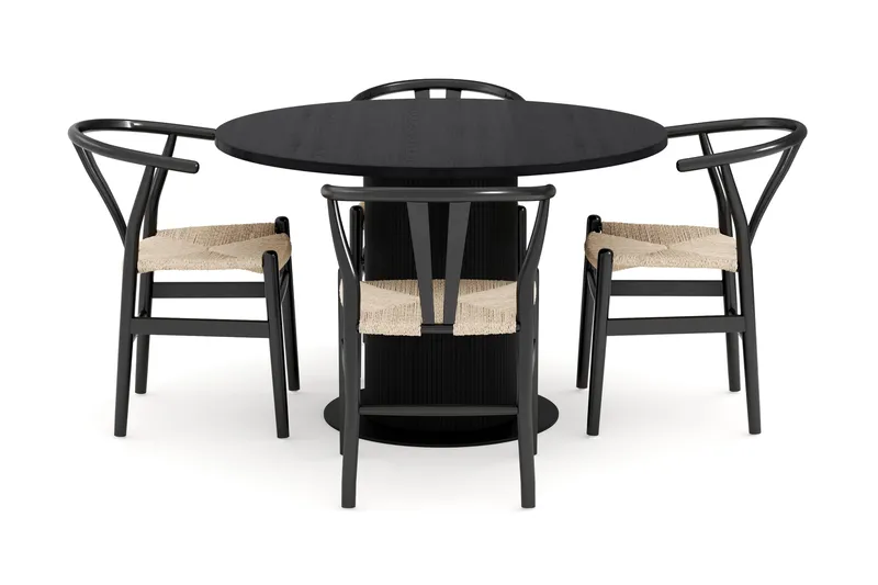 Noira Matgrupp 120 cm Massiv Ek Rund med 4 Dastoori Matstol - 2220067-4,2206128-1 - Svart - Möbler - Matplats - Matgrupp & matbord med stolar