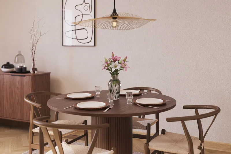 Noira Matgrupp 120 cm Massiv Valnöt Rund med 4 Dastoori Matstol - 2220070-4,2098428-1 - Brun / Beige / Valnöt - Möbler - Matplats - Matgrupp & matbord med stolar