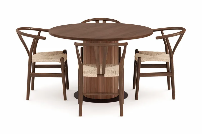 Noira Matgrupp 120 cm Massiv Valnöt Rund med 4 Dastoori Matstol - 2220070-4,2098428-1 - Brun / Beige / Valnöt - Möbler - Matplats - Matgrupp & matbord med stolar