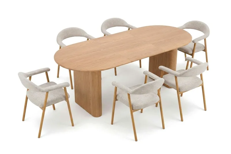 Noira Matgrupp 160-220 cm förlängningsbart i Ek med 6 Ronja Matstolar - Sand/Ek - Möbler - Matplats - Matgrupp & matbord med stolar
