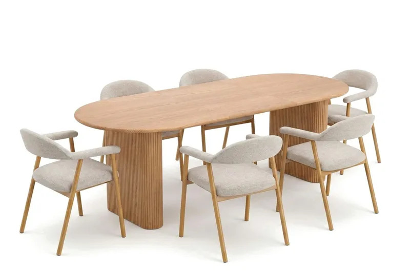 Noira Matgrupp 160-220 cm förlängningsbart i Ek med 6 Ronja Matstolar, Sand/Ek
