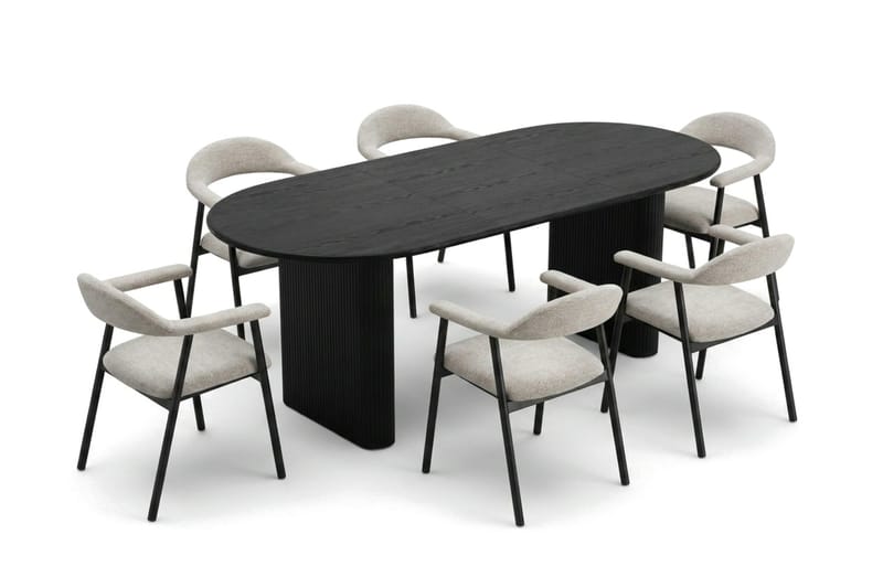 Noira Matgrupp 160-220 cm förlängningsbart i Svart med 6 Ronja Matstolar - Beige/Svart - Möbler - Matplats - Matgrupp & matbord med stolar