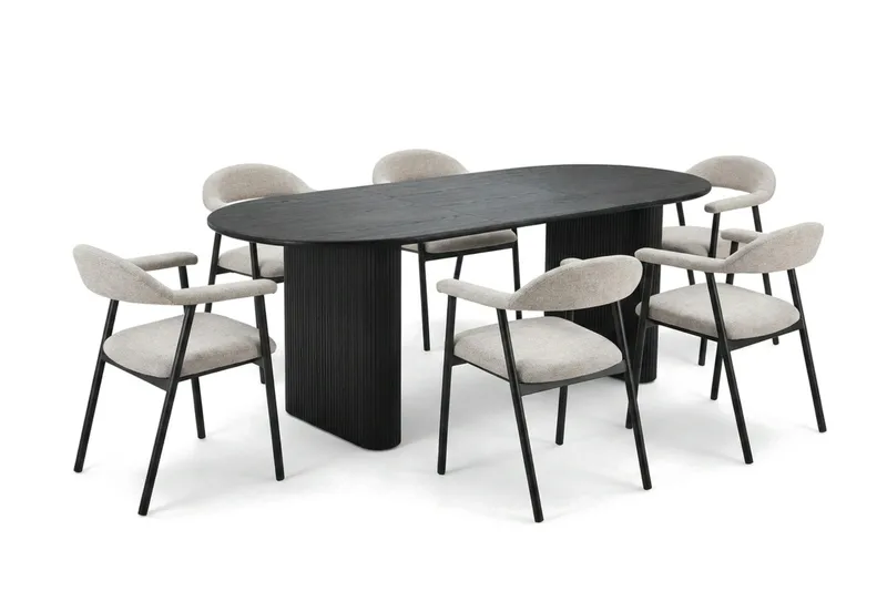 Noira Matgrupp 160-220 cm förlängningsbart i Svart med 6 Ronja Matstolar, Beige/Svart