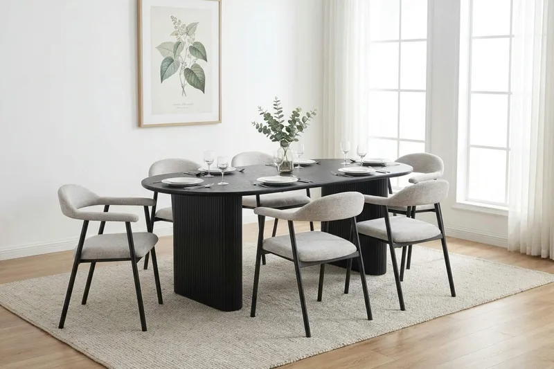 Noira Matgrupp 180 cm rektangulärt i Svart med 6 Ronja Matstolar - Beige/Svart - Möbler - Matplats - Matgrupp & matbord med stolar