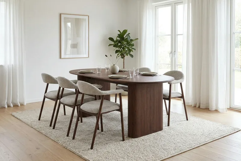 Noira Matgrupp 180 cm rektangulärt i Valnöt med 6 Ronja Matstolar - Sand/Valnöt - Möbler - Matplats - Matgrupp & matbord med stolar