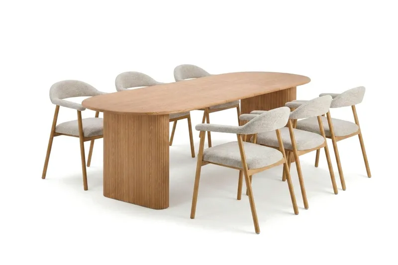 Noira Matgrupp 220-320 cm förlängningsbart i Ek med 6 Ronja Matstolar, Sand/Ek
