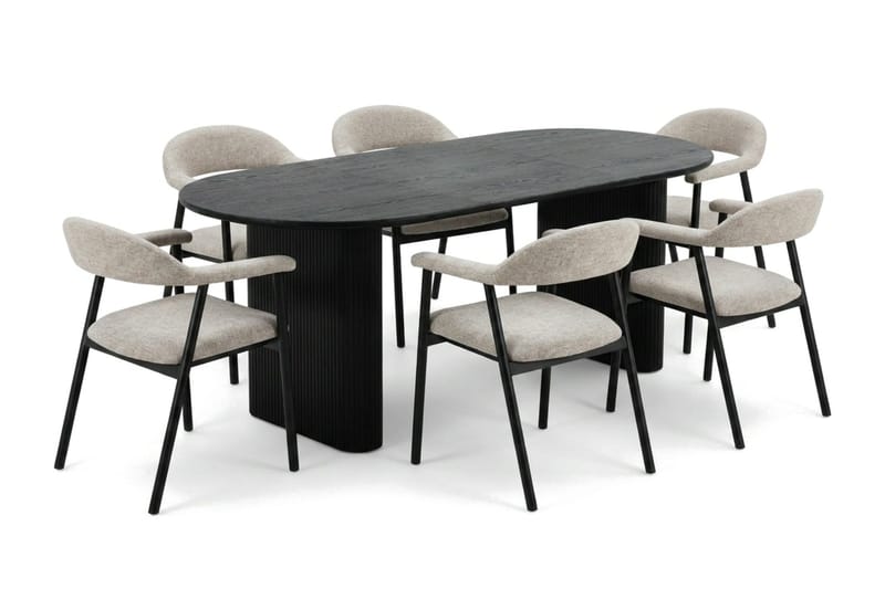 Noira Matgrupp 220-320 cm förlängningsbart i Svart med 6 Ronja Matstolar, Beige/Svart