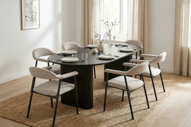 Noira Matgrupp 220-320 cm förlängningsbart i Svart med 6 Ronja Matstolar - Beige/Svart - Möbler - Matplats - Matgrupp & matbord med stolar