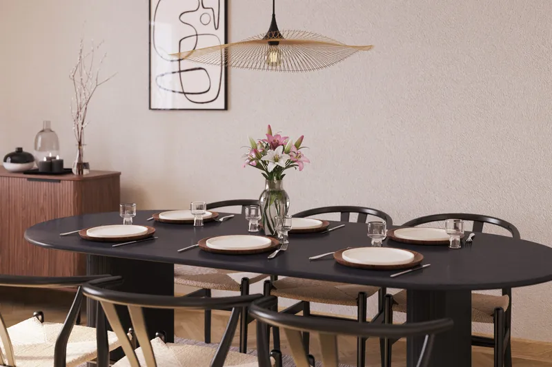 Noira Matgrupp 220 cm Massiv Ek med 6 Dastoori Matstol - 2220067-6,2206123-1 - Svart - Möbler - Matplats - Matgrupp & matbord med stolar