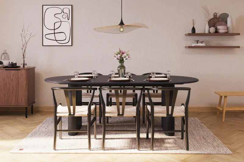 Noira Matgrupp 220 cm Massiv Ek med 6 Dastoori Matstolar - Svart - Möbler - Matplats - Matgrupp & matbord med stolar