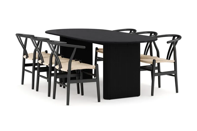 Noira Matgrupp 220 cm Massiv Ek med 6 Dastoori Matstolar - Svart - Möbler - Matplats - Matgrupp & matbord med stolar
