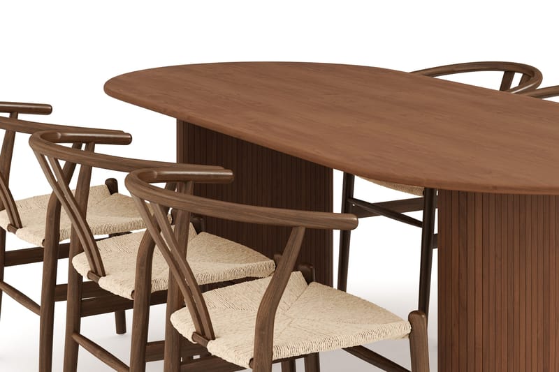 Noira Matgrupp 220 cm Massiv Valnöt med 6 Dastoori Matstol - 2220070-6,2098431-1 - Ribbad / Natur / Mörkbrun / Brunt Trä - Möbler - Matplats - Matgrupp & matbord med stolar