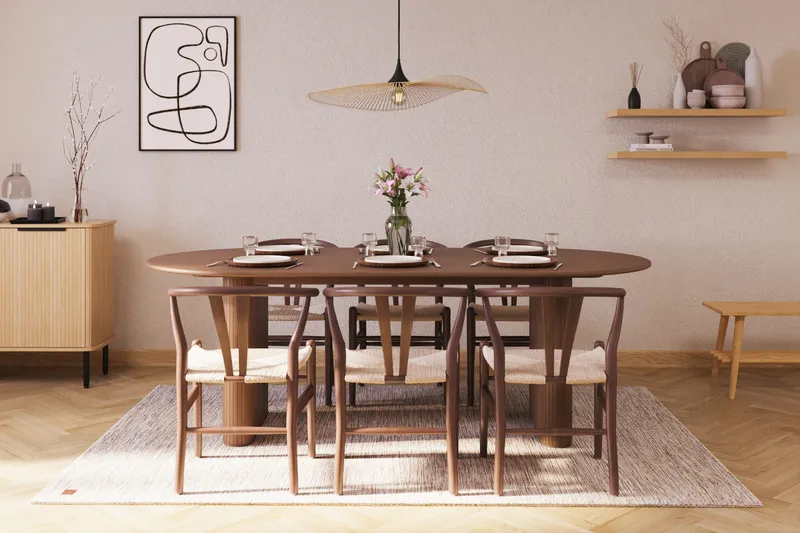 Noira Matgrupp 220 cm Massiv Valnöt med 6 Dastoori Matstol - 2220070-6,2098431-1 - Ribbad / Natur / Mörkbrun / Brunt Trä - Möbler - Matplats - Matgrupp & matbord med stolar