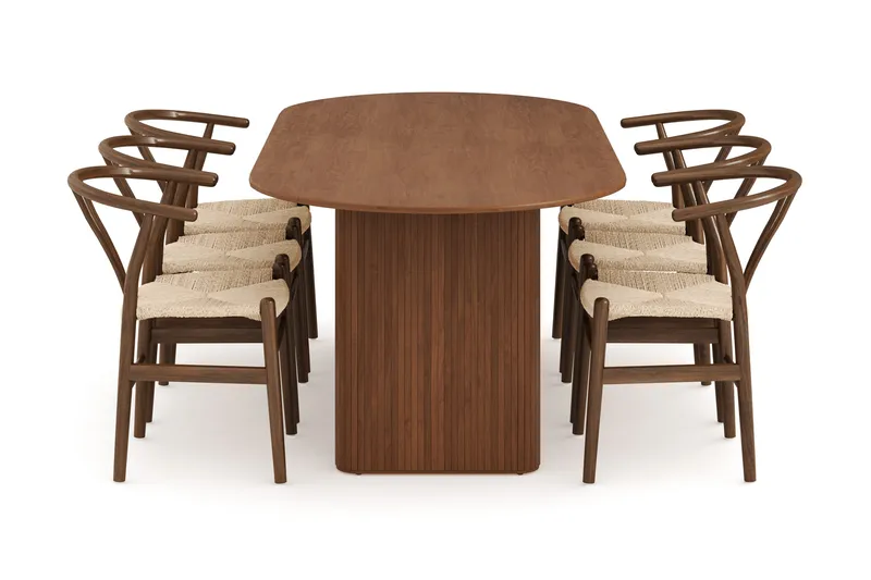 Noira Matgrupp 220 cm Massiv Valnöt med 6 Dastoori Matstolar - Ribbad / Natur / Mörkbrun / Brunt Trä - Möbler - Matplats - Matgrupp & matbord med stolar