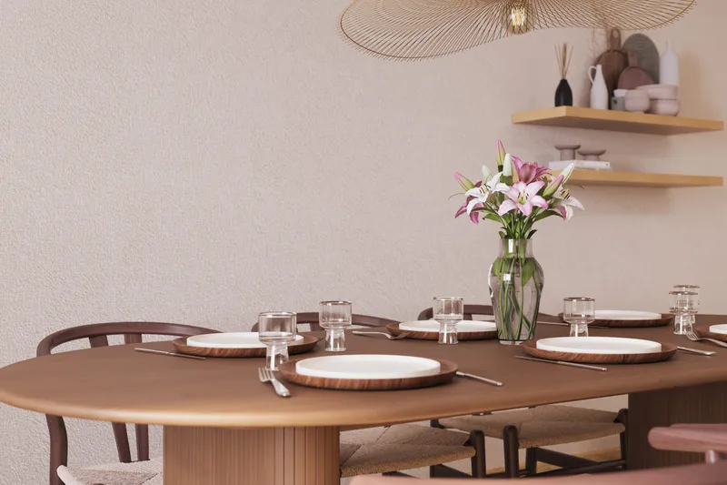 Noira Matgrupp 220 cm Massiv Valnöt med 6 Dastoori Matstolar - Ribbad / Natur / Mörkbrun / Brunt Trä - Möbler - Matplats - Matgrupp & matbord med stolar