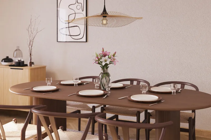 Noira Matgrupp 220 cm Massiv Valnöt med 6 Dastoori Matstolar - Ribbad / Natur / Mörkbrun / Brunt Trä - Möbler - Matplats - Matgrupp & matbord med stolar