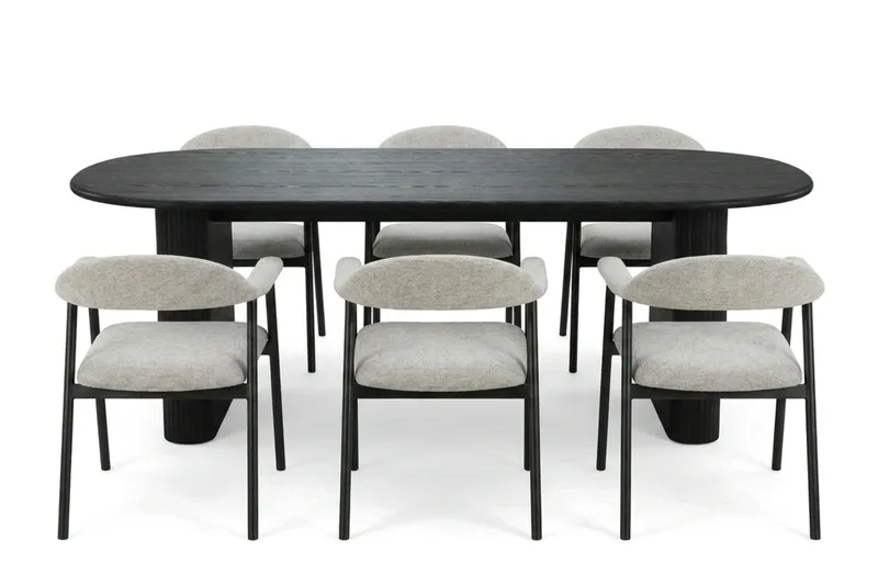 Noira Matgrupp 220 cm rektangulärt i Svart med 6 Ronja Matstolar - Beige/Svart - Möbler - Matplats - Matgrupp & matbord med stolar