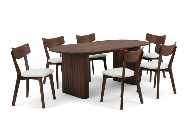 Noira Matgrupp 220 cm rektangulärt i Valnöt med 6 Amelia Matstolar med Dyna - Valnöt/Beige - Möbler - Matplats - Matgrupp & matbord med stolar