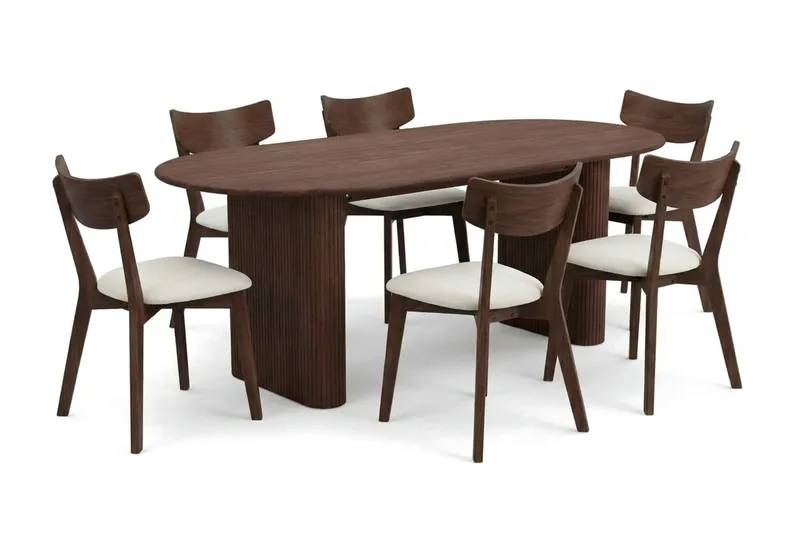 Noira Matgrupp 220 cm rektangulärt i Valnöt med 6 Amelia Matstolar med Dyna, Valnöt/Beige