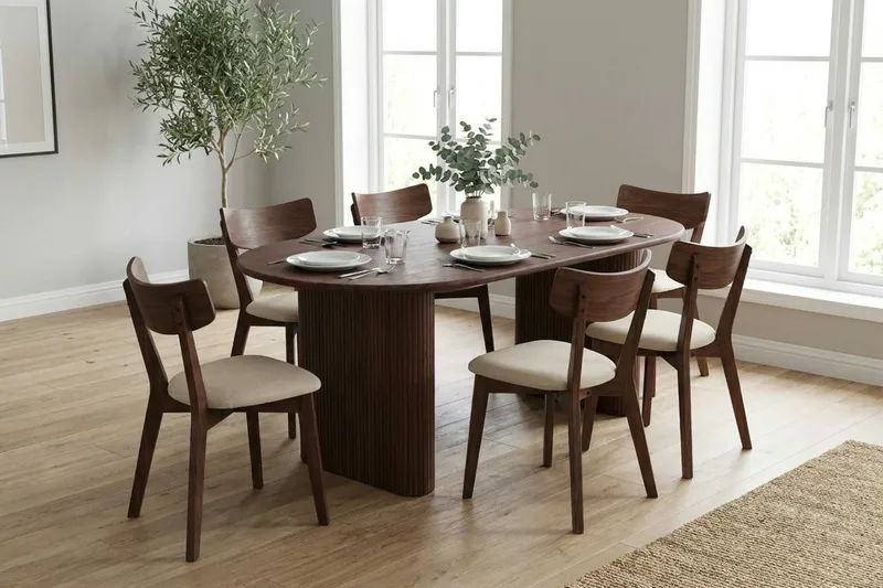 Noira Matgrupp 220 cm rektangulärt i Valnöt med 6 Amelia Matstolar med Dyna - Valnöt/Beige - Möbler - Matplats - Matgrupp & matbord med stolar